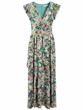 Fourteenth Place Floral Tiered Maxi Dress Pastel Garden Print Small